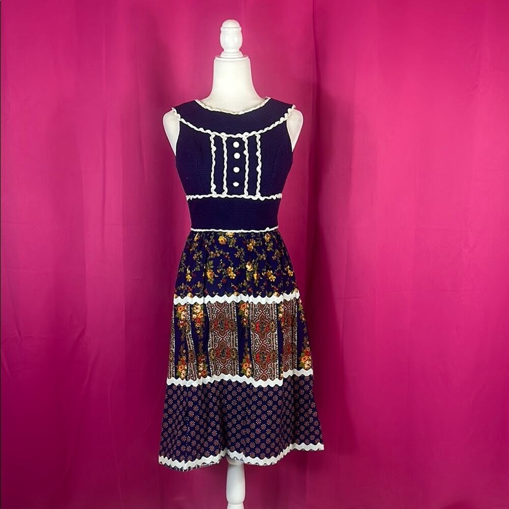 Vintage 60s 70s Howard Wolf Boutique rickrack and floral folk midi dress, XS